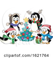 Poster, Art Print Of Group Of Christmas Penguins Around A Christmas Tree