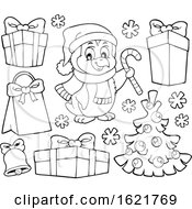 Poster, Art Print Of Christmas Penguin And Gifts In Black And White