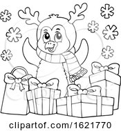 Poster, Art Print Of Christmas Penguin With Gifts In Black And White