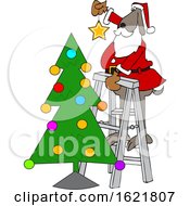 Cartoon Santa Dog Putting A Star On Top Of A Christmas Tree