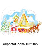 Poster, Art Print Of Santa With His Reindeer And Sleigh Outside A Cabin