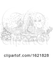 Poster, Art Print Of Black And White Santa With His Reindeer And Sleigh Outside A Cabin