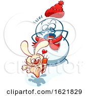Poster, Art Print Of Cartoon Naughty Bunny Rabbit Stealing The Carrot Nose Off Of A Snowman