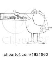 Poster, Art Print Of Cartoon Black And White Christmas Santa Claus In Pajamas Fixing A North Pole Sign