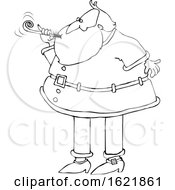 Poster, Art Print Of Cartoon Black And White Christmas Santa Claus Blowing A New Years Noise Maker
