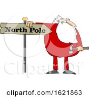 Cartoon Christmas Santa Claus In Pajamas Fixing A North Pole Sign