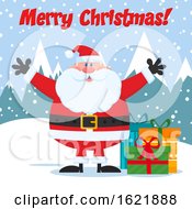 Poster, Art Print Of Closeup Of Santa Claus With Gifts In The Snow Under A Merry Christmas Greeting