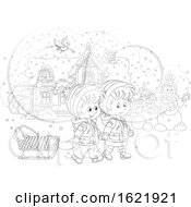 Poster, Art Print Of Black And White Boy And Girl Holding Hands And Walking With A Sled