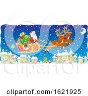 Poster, Art Print Of Santa And His Magic Flying Reindeer Over A Snowy Village
