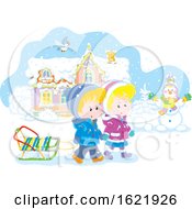 Poster, Art Print Of Caucasian Boy And Girl Holding Hands And Walking With A Sled