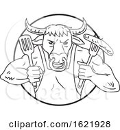 Poster, Art Print Of Longhorn Bull Holding Barbecue Sausage Drawing Black And White
