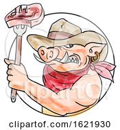 Poster, Art Print Of Cowboy Wild Pig Holding Barbecue Steak Watercolor