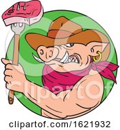 Poster, Art Print Of Cowboy Hog Holding Barbecue Steak Drawing Color