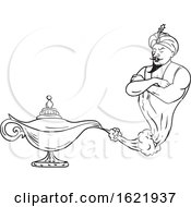 Poster, Art Print Of Genie Coming Out Of Oil Lamp Black And White Drawing
