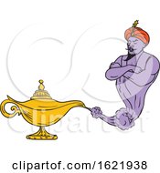 Poster, Art Print Of Genie Coming Out Of Golden Oil Lamp Drawing Color