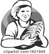 Poster, Art Print Of Grayscale Retro Female Baker Holding Bread In A Shield