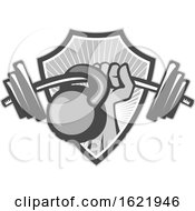 Poster, Art Print Of Retro Weightlifter Hand With A Barbell And Kettlebell In A Shield In Grayscale