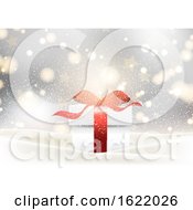 Poster, Art Print Of Christmas Gift Background With Glossy Red Bow Nestled In Snow