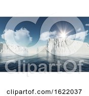 3d Icebergs Against Blue Sky With Fluffy White Clouds