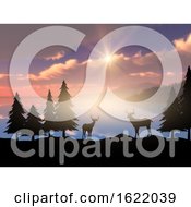 Poster, Art Print Of 3d Silhouette Of Deer Against A Sunset Ocean Landscape