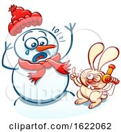 Poster, Art Print Of Naughty Bunny Rabbit Menacing A Snowman With A Hair Dryer