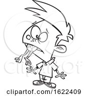 Clipart Of A Cartoon Black And White Boy With A Frog In His Throat Royalty Free Vector Illustration