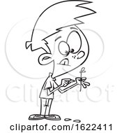 Clipart Of A Cartoon Black And White Boy Plucking Petals From A Flower Royalty Free Vector Illustration