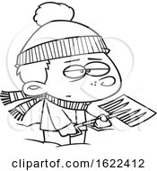 Poster, Art Print Of Cartoon Outline Grumpy Boy Shoveling Snow