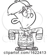 Clipart Of A Cartoon Black And White Boy Wearing A Big Rudolph Christmas Sweater Royalty Free Vector Illustration