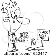 Clipart Of A Cartoon Outline Sad Man Pouring His Money In To A Black Hole Royalty Free Vector Illustration