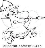 Clipart Of A Cartoon Outline Caveman Hunter Running With A Spear Royalty Free Vector Illustration