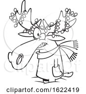 Clipart Of A Cartoon Outline Christmas Moose With Lights Royalty Free Vector Illustration by toonaday