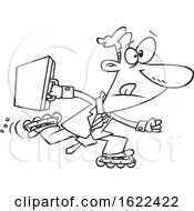 Clipart Of A Cartoon Outline Business Man Roller Blading To Work Royalty Free Vector Illustration