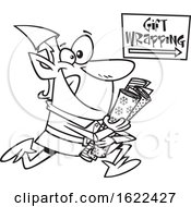 Clipart Of A Cartoon Outline Christmas Elf Running To Wrap Gifts Royalty Free Vector Illustration
