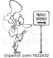 Clipart Of A Cartoon Outline Nervous Woman Looking At A New Year Ahead Sign Royalty Free Vector Illustration