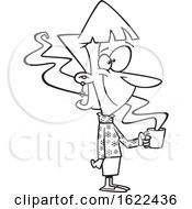 Clipart Of A Cartoon Outline Cheerful Woman Wearing A Snowflake Sweater And Holding A Hot Coffee Royalty Free Vector Illustration
