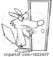 Clipart Of A Cartoon Outline Wolf Knocking On A Door Royalty Free Vector Illustration by toonaday