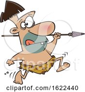Cartoon Caveman Hunter Running With A Spear