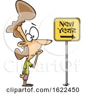 Poster, Art Print Of Cartoon Nervous Woman Looking At A New Year Ahead Sign