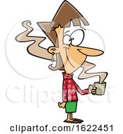 Cartoon Cheerful Woman Wearing A Snowflake Sweater And Holding A Hot Coffee