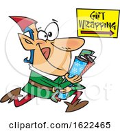 Poster, Art Print Of Cartoon Christmas Elf Running To Wrap Gifts