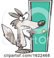 Clipart Of A Cartoon Wolf Knocking On A Door Royalty Free Vector Illustration
