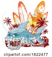 Poster, Art Print Of Fierce Shark Mascot Over Grunge And Surfboards