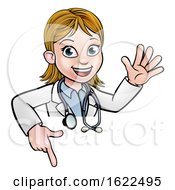 Doctor Cartoon Character Above Sign Pointing