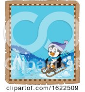 Poster, Art Print Of Parchment Border With A Sledding Male Penguin