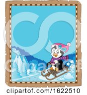 Poster, Art Print Of Parchment Border With A Sledding Female Penguin