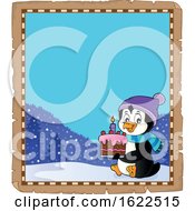 Poster, Art Print Of Parchment Border With Birthday Penguin Holding A Cake