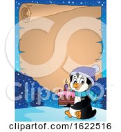 Poster, Art Print Of Parchment Scroll Border Of A Penguin Holding A Cake