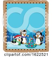 Poster, Art Print Of Parchment Border With Christmas Penguins