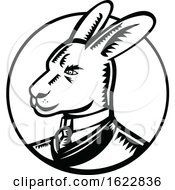 Poster, Art Print Of Wallaby Wearing Business Suit Circle Woodcut Black And White